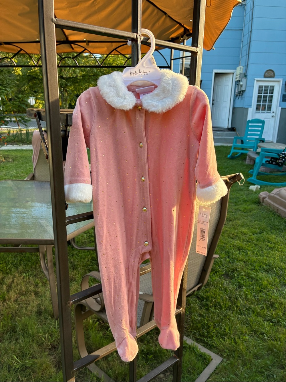 Pink Plush One-Piece Footed Pajamas with Faux Fur Collar